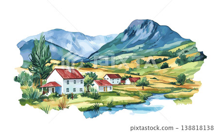 Lesotho Highlands. Lesotho Highlands hand drawn watercolor illustration on white background 138818138