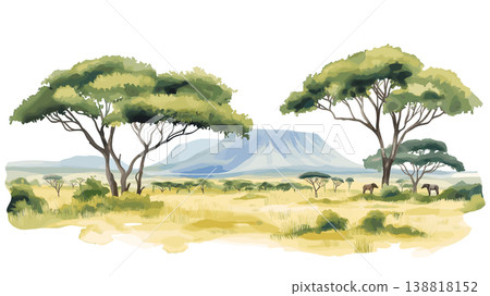 Maasai Mara National Reserve. Maasai Mara National Reserve hand drawn watercolor illustration on white background 138818152