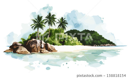 Mahe Island. Mahe Island hand drawn watercolor illustration on white background Mahe Island. Mahe Island hand drawn watercolor illustration on white background 138818154