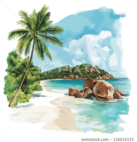 Mahe Island. Mahe Island hand drawn watercolor illustration on white background 138818155