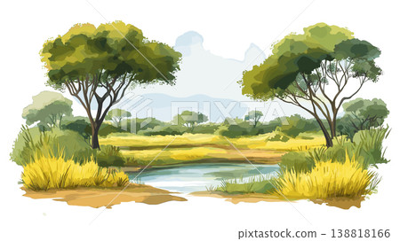 Mana Pools. Mana Pools hand drawn watercolor illustration on white background Mana Pools. Mana Pools hand drawn watercolor illustration on white background 138818166