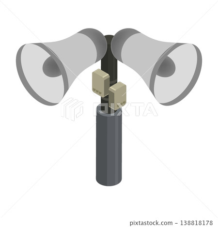 Isometric pair of public address system loudspeakers mounted on a pole for emergency situations. Cartoon 3D vector on blue background Isometric pair of public address system loudspeakers mounted on a pole for emergency situations. Cartoon 3D vector on blue background 138818178