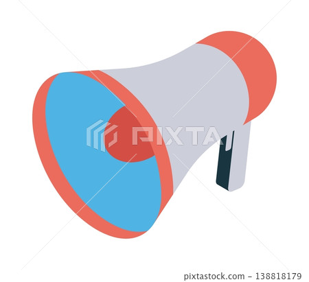 Isometric portable hand held loudspeaker megaphone. Cartoon 3D vector on blue background 138818179