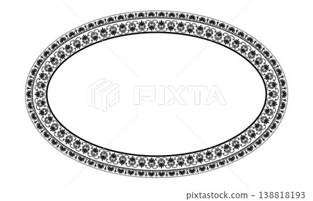 Oval black and white frame. Oval frame for design with Greek key. Elipse frame. Egyptian, Assyrian, Greek motif circular frame. Template for textile, engraving, forging, embroidery, plate, porcelain Oval black and white frame. Oval frame for design with Greek key. Elipse frame. Egyptian, Assyrian, Greek motif circular frame. Template for textile, engraving, forging, embroidery, plate, porcelain 138818193