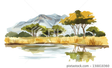 Mana Pools. Mana Pools hand drawn watercolor illustration on white background Mana Pools. Mana Pools hand drawn watercolor illustration on white background 138818360