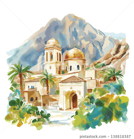 Mount Sinai and St. Catherines Monastery. Mount Sinai and St. Catherine Monastery hand drawn watercolor illustration on white background Mount Sinai and St. Catherines Monastery. Mount Sinai and St. Catherine Monastery hand drawn watercolor illustration on white background 138818387