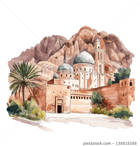 Mount Sinai and St. Catherines Monastery. Mount Sinai and St. Catherine Monastery hand drawn watercolor illustration on white background Mount Sinai and St. Catherines Monastery. Mount Sinai and St. Catherine Monastery hand drawn watercolor illustration on white background 138818388