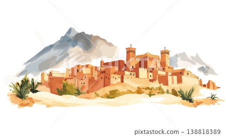 Mount Sinai and St. Catherines Monastery. Mount Sinai and St. Catherine Monastery hand drawn watercolor illustration on white background 138818389