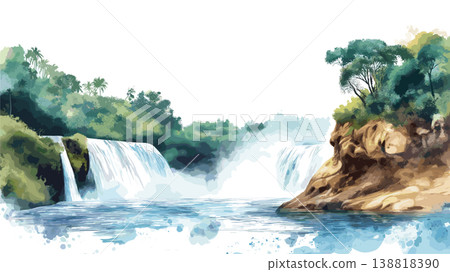Murchison Falls. Murchison Falls hand drawn watercolor illustration on white background 138818390