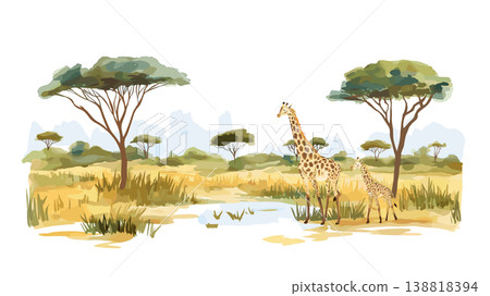 Nairobi National Park. Nairobi National Park hand drawn watercolor illustration on white background 138818394