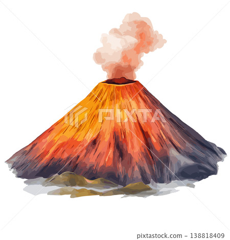 Nyiragongo Volcano. Nyiragongo Volcano hand drawn watercolor illustration on white background Nyiragongo Volcano. Nyiragongo Volcano hand drawn watercolor illustration on white background 138818409