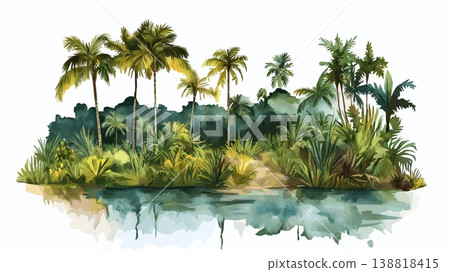 Odzala-Kokoua National Park. Odzala-Kokoua National Park hand drawn watercolor illustration on white background Odzala-Kokoua National Park. Odzala-Kokoua National Park hand drawn watercolor illustration on white background 138818415