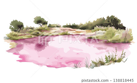 Pink Lake. Pink Lake hand drawn watercolor illustration on white background Pink Lake. Pink Lake hand drawn watercolor illustration on white background 138818445
