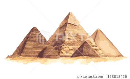 Pyramids of Giza. Pyramids of Giza hand drawn watercolor illustration on white background Pyramids of Giza. Pyramids of Giza hand drawn watercolor illustration on white background 138818456