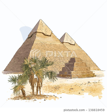 Pyramids of Giza. Pyramids of Giza hand drawn watercolor illustration on white background 138818459
