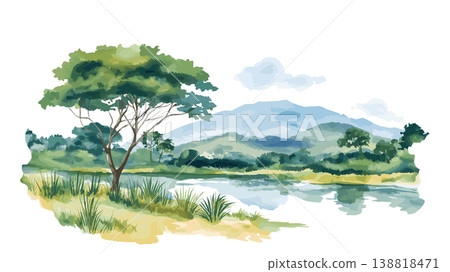 Queen Elizabeth National Park. Queen Elizabeth National Park hand drawn watercolor illustration on white background 138818471