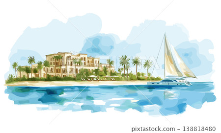 Red Sea Resorts Hurghada. Red Sea Resorts Hurghada hand drawn watercolor illustration on white background Red Sea Resorts Hurghada. Red Sea Resorts Hurghada hand drawn watercolor illustration on white background 138818480