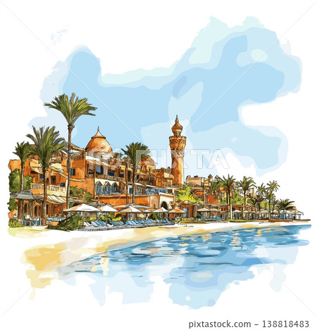 Red Sea Resorts Hurghada. Red Sea Resorts Hurghada hand drawn watercolor illustration on white background Red Sea Resorts Hurghada. Red Sea Resorts Hurghada hand drawn watercolor illustration on white background 138818483