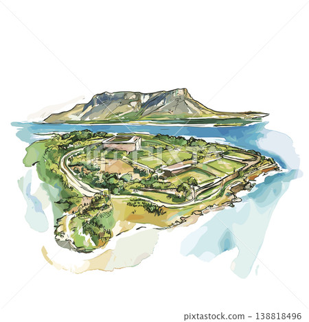 Robben Island. Robben Island hand drawn watercolor illustration on white background 138818496