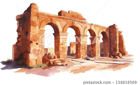 Roman ruins of Timgad. Roman ruins of Timgad hand drawn watercolor illustration on white background Roman ruins of Timgad. Roman ruins of Timgad hand drawn watercolor illustration on white background 138818509