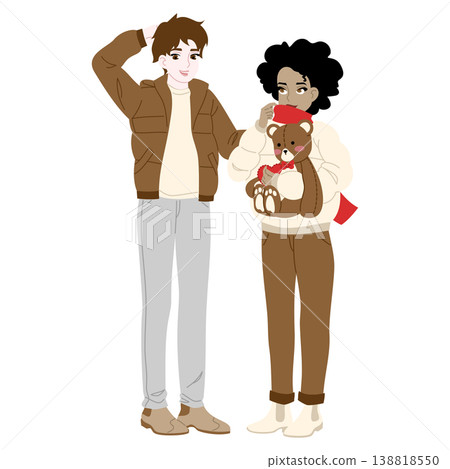Multiracial Couple with Teddy Bear Flat Vector Illustration, Modern People Characters Multiracial Couple with Teddy Bear Flat Vector Illustration, Modern People Characters 138818550