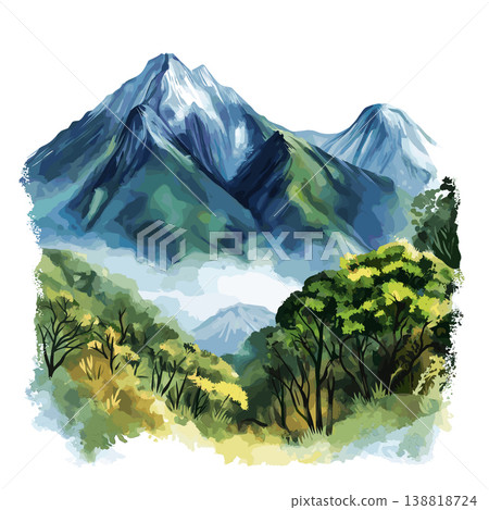 Rwenzori Mountains. Rwenzori Mountains hand drawn watercolor illustration on white background Rwenzori Mountains. Rwenzori Mountains hand drawn watercolor illustration on white background 138818724