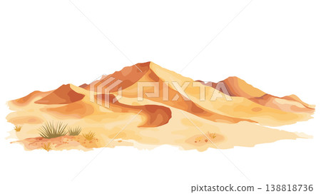 Sahara Desert Merzouga Dunes. Sahara Desert Merzouga Dunes hand drawn watercolor illustration on white background Sahara Desert Merzouga Dunes. Sahara Desert Merzouga Dunes hand drawn watercolor illustration on white background 138818736