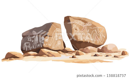 Sahara Rock Art. Sahara Rock Art hand drawn watercolor illustration on white background 138818737