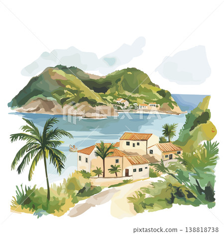 Sal Island. Sal Island hand drawn watercolor illustration on white background Sal Island. Sal Island hand drawn watercolor illustration on white background 138818738
