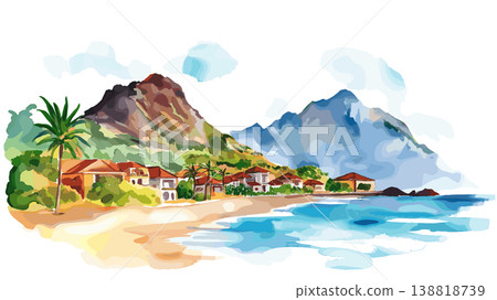 Sal Island. Sal Island hand drawn watercolor illustration on white background 138818739