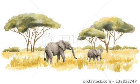 Selous Game Reserve. Selous Game Reserve hand drawn watercolor illustration on white background 138818747