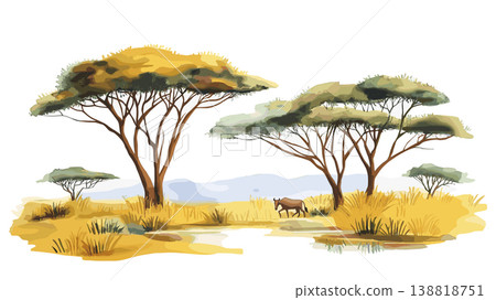 Serengeti National Park. Serengeti National Park hand drawn watercolor illustration on white background 138818751