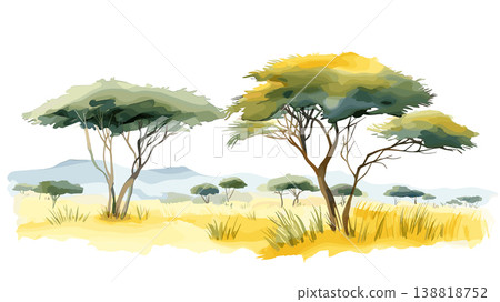 Serengeti National Park. Serengeti National Park hand drawn watercolor illustration on white background 138818752