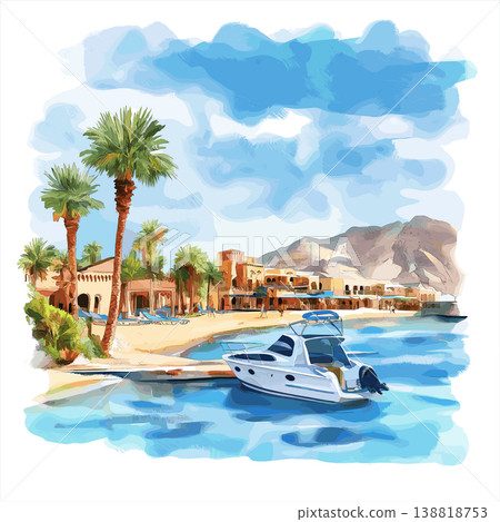 Sharm El Sheikh and Ras Mohammed National Park. Sharm El Sheikh and Ras Mohammed National Park hand drawn watercolor illustration on white background Sharm El Sheikh and Ras Mohammed National Park. Sharm El Sheikh and Ras Mohammed National Park hand drawn watercolor illustration on white background 138818753
