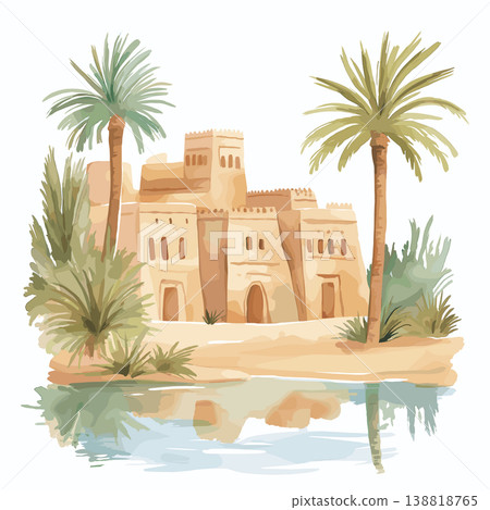 Siwa Oasis. Siwa Oasis hand drawn watercolor illustration on white background Siwa Oasis. Siwa Oasis hand drawn watercolor illustration on white background 138818765