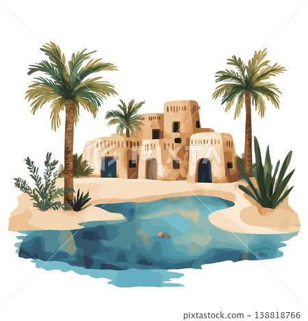 Siwa Oasis. Siwa Oasis hand drawn watercolor illustration on white background Siwa Oasis. Siwa Oasis hand drawn watercolor illustration on white background 138818766