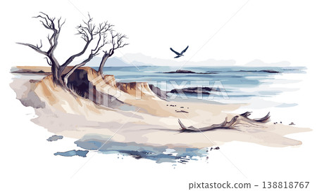 Skeleton Coast. Skeleton Coast hand drawn watercolor illustration on white background Skeleton Coast. Skeleton Coast hand drawn watercolor illustration on white background 138818767