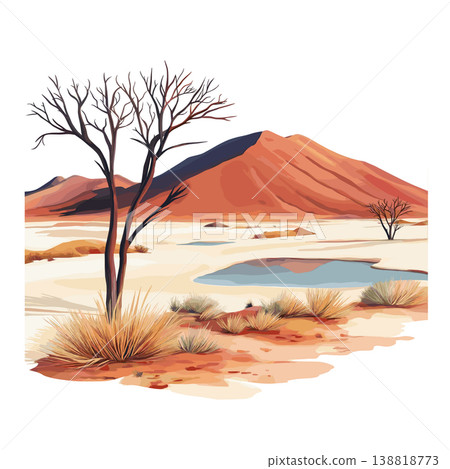 Sossusvlei and Deadvlei. Sossusvlei and Deadvlei hand drawn watercolor illustration on white background Sossusvlei and Deadvlei. Sossusvlei and Deadvlei hand drawn watercolor illustration on white background 138818773