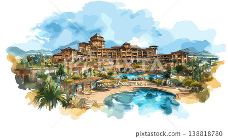 Sun City Resort. Sun City Resort hand drawn watercolor illustration on white background 138818780