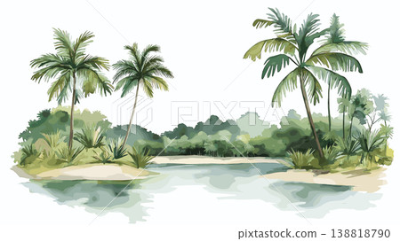 Tai National Park. Tai National Park hand drawn watercolor illustration on white background Tai National Park. Tai National Park hand drawn watercolor illustration on white background 138818790