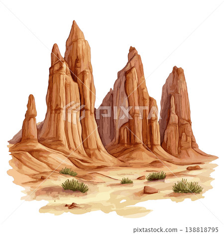 Tassili nAjjer National Park. Tassili nAjjer National Park hand drawn watercolor illustration on white background Tassili nAjjer National Park. Tassili nAjjer National Park hand drawn watercolor illustration on white background 138818795