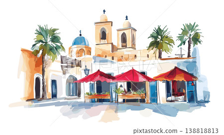 Tunis Medina. Tunis Medina hand drawn watercolor illustration on white background Tunis Medina. Tunis Medina hand drawn watercolor illustration on white background 138818813