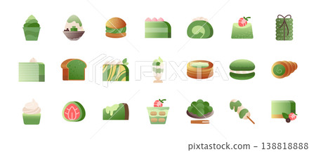 Matcha green tea desserts flat icon set. 21 colored icons like cupcake, ice cream, kakigori, cream puff, cake, mochi, dorayaki, shortcake, dango and more sweets. Vector illustration isolated on white Matcha green tea desserts flat icon set. 21 colored icons like cupcake, ice cream, kakigori, cream puff, cake, mochi, dorayaki, shortcake, dango and more sweets. Vector illustration isolated on white 138818888