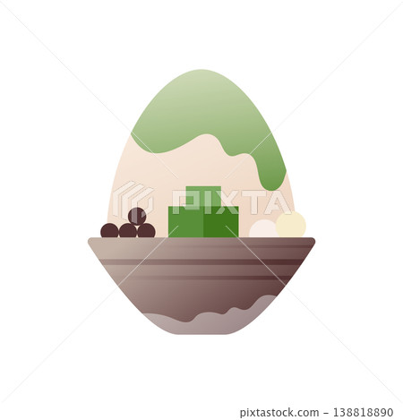 Matcha kakigori Japanese shaved ice flat icon. Green tea iced bowl with toppings and syrup. Colored vector illustration isolated on white Matcha kakigori Japanese shaved ice flat icon. Green tea iced bowl with toppings and syrup. Colored vector illustration isolated on white 138818890