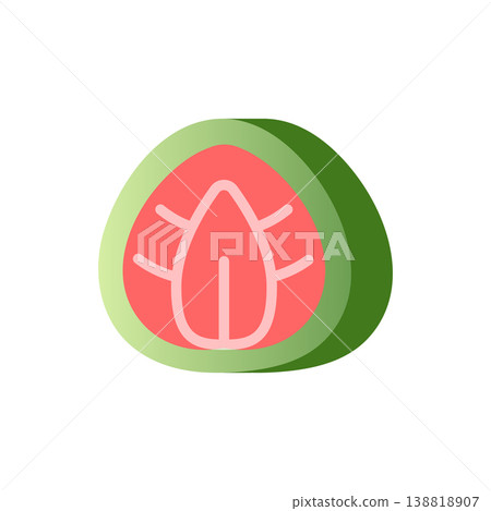 Matcha strawberry daifuku mochi flat icon. Green tea rice cake with strawberry filling. Colored vector illustration isolated on white Matcha strawberry daifuku mochi flat icon. Green tea rice cake with strawberry filling. Colored vector illustration isolated on white 138818907