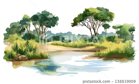 Waza National Park. Waza National Park hand drawn watercolor illustration on white background Waza National Park. Waza National Park hand drawn watercolor illustration on white background 138819009