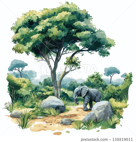Waza National Park. Waza National Park hand drawn watercolor illustration on white background Waza National Park. Waza National Park hand drawn watercolor illustration on white background 138819011