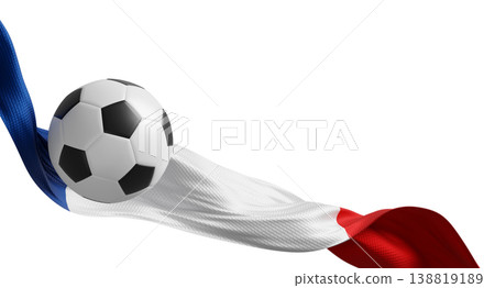 Soccer ball with waving french flag on white background with copy space 3D render 138819189