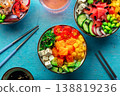 Poke bowl assortment. Rice with salmon, shrimps, and grapefruit, overhead shot 138819236