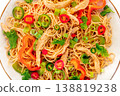 Chow Mein noodles with chicken and vegetables, overhead flat lay shot 138819238
